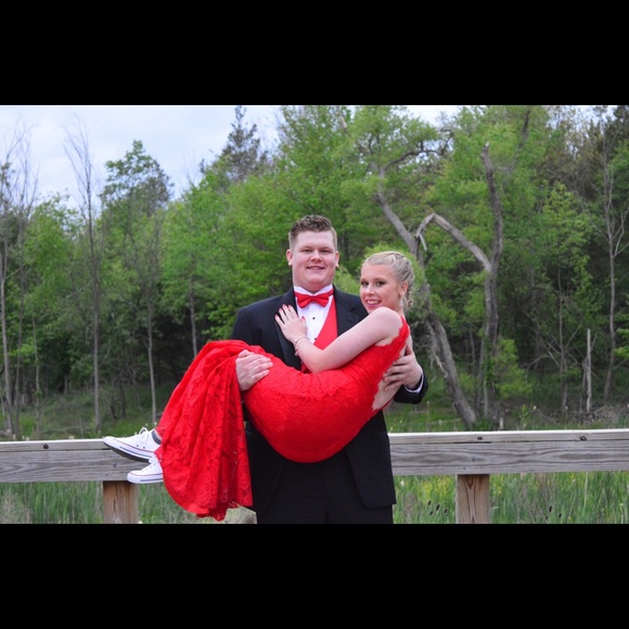 Red Floral Lace Prom Dress - Picture 6 of 6